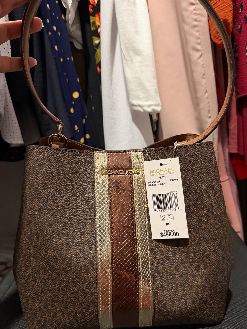 Michael Kors Brown Logo Stripe Shoulder Bag with Metallic Accents